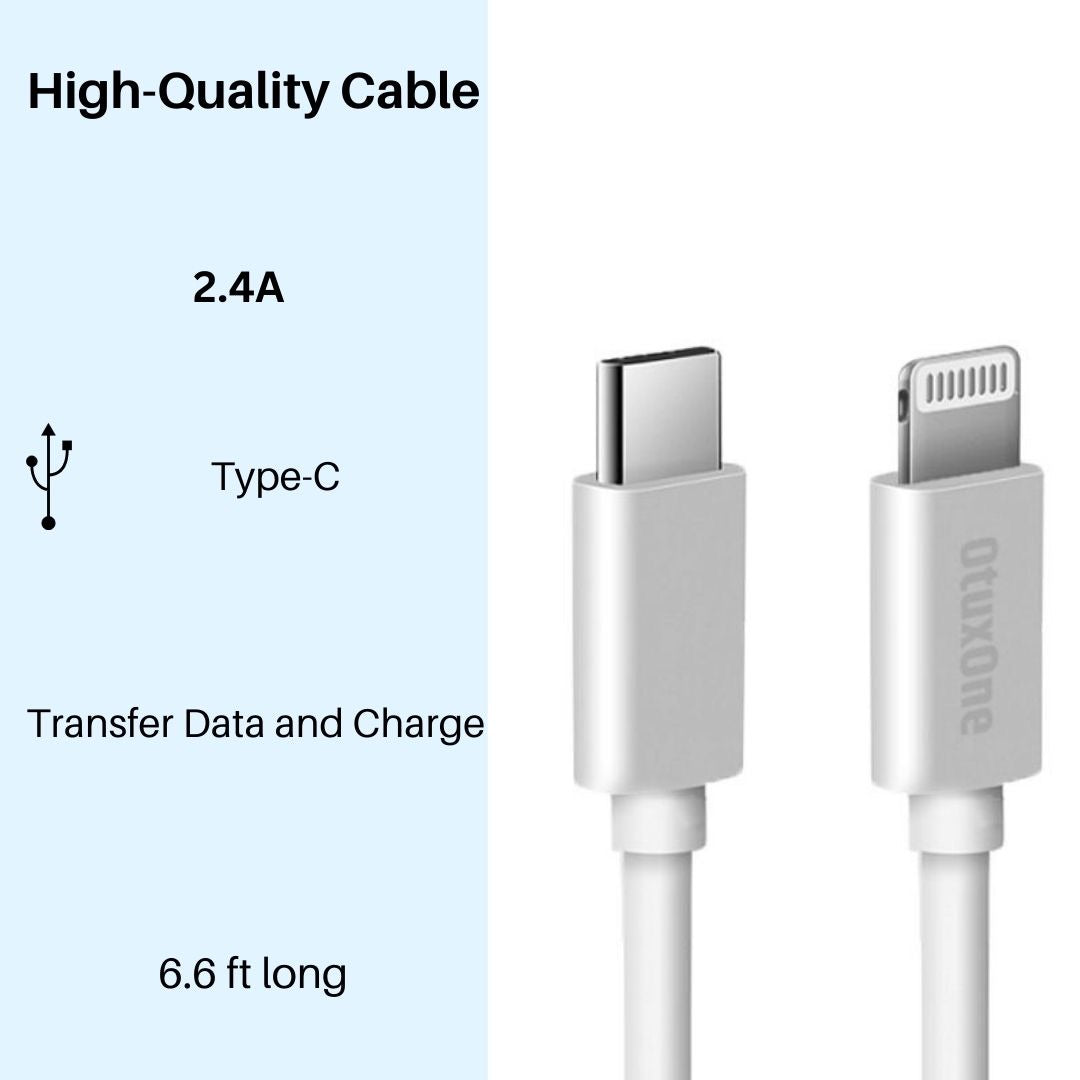 Type C to Lightning High Quality Cable for iPhone, 2.4A Fast Charger, 6.6ft Length.