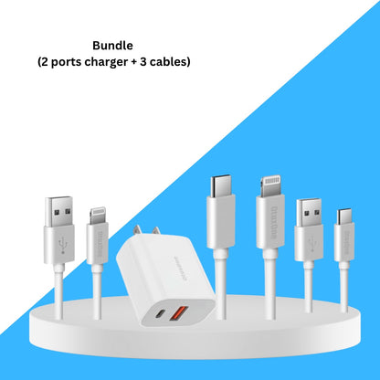 Bundle of  Chager 2 ports + 3 Cables USB, Lightning and Type C